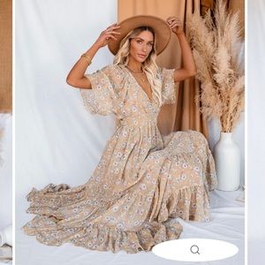 Vici Storia Clarity Pocketed Floral Tiered Flutter Ruffle Maxi Dress Yellow